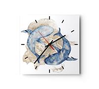 Horloge murale en verre 30x30cm Silencieuse Baleine Aquarelle Or Wall Clock