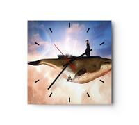 Horloge murale en verre 30x30cm Silencieuse Baleine Femme Ciel Wall Clock