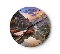 Horloge murale en verre 30x30cm Silencieuse Bateau Montagnes Lac Wall Clock