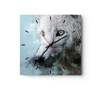 Horloge murale en verre 30x30cm Silencieuse Blanc Le Loup Image Wall Clock