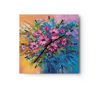 Horloge murale en verre 30x30cm Silencieuse Bouquet Fleurs Huile Wall Clock