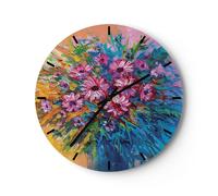Horloge murale en verre 30x30cm Silencieuse Bouquet Fleurs Huile Wall Clock