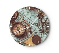 Horloge murale en verre 30x30cm Silencieuse Boussole Vintage Carte Wall Clock