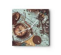 Horloge murale en verre 30x30cm Silencieuse Boussole Vintage Carte Wall Clock
