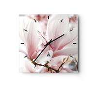 Horloge murale en verre 30x30cm Silencieuse Brindille Magnolia Fleur Wall Clock