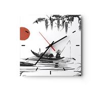 Horloge murale en verre 30x30cm Silencieuse Chine Pêcheur Dessin Wall Clock