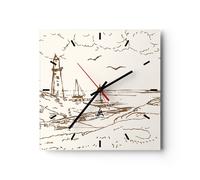 Horloge murale en verre 30x30cm Silencieuse Croquis Côte Lanterne Wall Clock