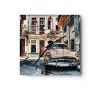 Horloge murale en verre 30x30cm Silencieuse Cubain Voiture Immeubles Wall Clock