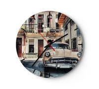 Horloge murale en verre 30x30cm Silencieuse Cubain Voiture Immeubles Wall Clock