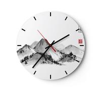 Horloge murale en verre 30x30cm Silencieuse Dessin Asie Montagnes Wall Clock