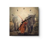 Horloge murale en verre 30x30cm Silencieuse éléphant moine jungle Wall Clock