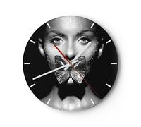 Horloge murale en verre 30x30cm Silencieuse Femme Papillon Bouche Wall Clock