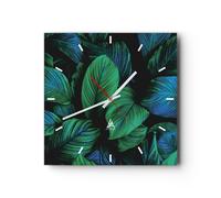 Horloge murale en verre 30x30cm Silencieuse Feuilles Plantes Exotisme Wall Clock