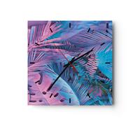 Horloge murale en verre 30x30cm Silencieuse Feuilles Rose Bleu Wall Clock