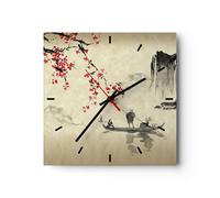 Horloge murale en verre 30x30cm Silencieuse Fleur Cerises Japon Wall Clock