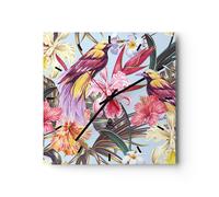 Horloge murale en verre 30x30cm Silencieuse fleur oiseau été Wall Clock