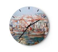 Horloge murale en verre 30x30cm Silencieuse Île Bateaux Port Wall Clock