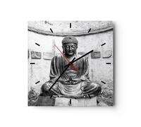 Horloge murale en verre 30x30cm Silencieuse Japonais Bouddha Statue Wall Clock