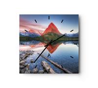 Horloge murale en verre 30x30cm Silencieuse Lac Montagnes Reflet Wall Clock