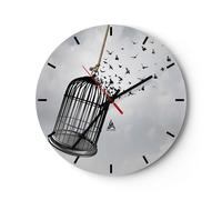 Horloge murale en verre 30x30cm Silencieuse Liberté Cage Oiseaux Wall Clock