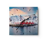 Horloge murale en verre 30x30cm Silencieuse Lofoten Village Pêche Wall Clock