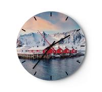 Horloge murale en verre 30x30cm Silencieuse Lofoten Village Pêche Wall Clock