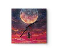 Horloge murale en verre 30x30cm Silencieuse Lune Balançoire Femme Wall Clock