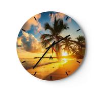 Horloge murale en verre 30x30cm Silencieuse mer plage palmier Wall Clock