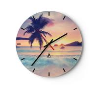 Horloge murale en verre 30x30cm Silencieuse mer plage palmier Wall Clock