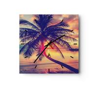 Horloge murale en verre 30x30cm Silencieuse mer plage palmier Wall Clock