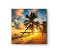 Horloge murale en verre 30x30cm Silencieuse mer plage palmier Wall Clock