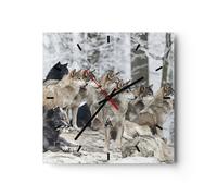 Horloge murale en verre 30x30cm Silencieuse Meute Loups Hiver Wall Clock