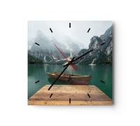 Horloge murale en verre 30x30cm Silencieuse montagnes lac bateau Wall Clock