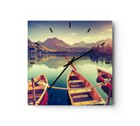 Horloge murale en verre 30x30cm Silencieuse montagnes lac bateau Wall Clock