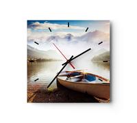 Horloge murale en verre 30x30cm Silencieuse montagnes lac bateau Wall Clock