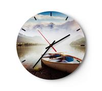 Horloge murale en verre 30x30cm Silencieuse montagnes lac bateau Wall Clock