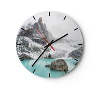 Horloge murale en verre 30x30cm Silencieuse Montagnes Lac Neige Wall Clock