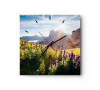 Horloge murale en verre 30x30cm Silencieuse montagnes prairie fleurs Wall Clock