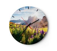 Horloge murale en verre 30x30cm Silencieuse montagnes prairie fleurs Wall Clock