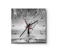 Horloge murale en verre 30x30cm Silencieuse Noir Et Blanc Arbre Lac Wall Clock