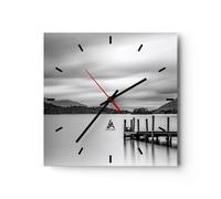 Horloge murale en verre 30x30cm Silencieuse Noir Et Blanc Paysage Lac Wall Clock