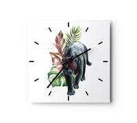 Horloge murale en verre 30x30cm Silencieuse Noir Panthère Feuilles Wall Clock