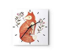 Horloge murale en verre 30x30cm Silencieuse Nov Illustration Renard Wall Clock