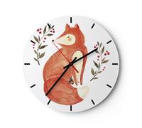 Horloge murale en verre 30x30cm Silencieuse Nov Illustration Renard Wall Clock