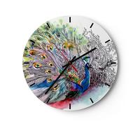 Horloge murale en verre 30x30cm Silencieuse paon plume couleur Wall Clock