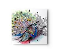 Horloge murale en verre 30x30cm Silencieuse paon plume couleur Wall Clock