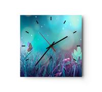 Horloge murale en verre 30x30cm Silencieuse papillon prairie fleur Wall Clock
