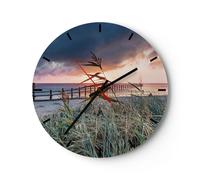 Horloge murale en verre 30x30cm Silencieuse Plage Herbe Horizon Wall Clock