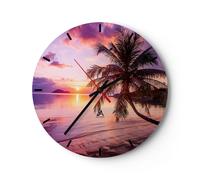 Horloge murale en verre 30x30cm Silencieuse plage mer palmier Wall Clock