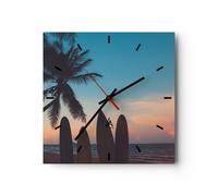 Horloge murale en verre 30x30cm Silencieuse plage mer palmier Wall Clock